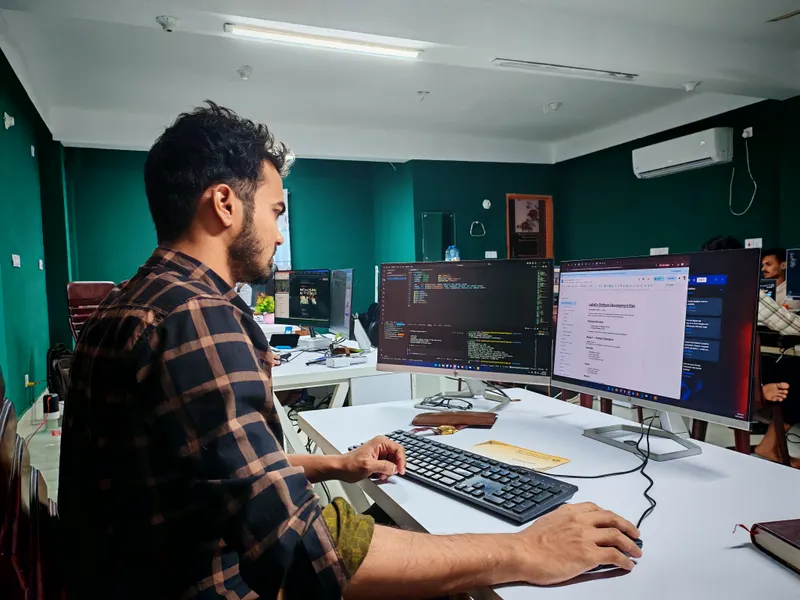 Developer working on code in a modern office